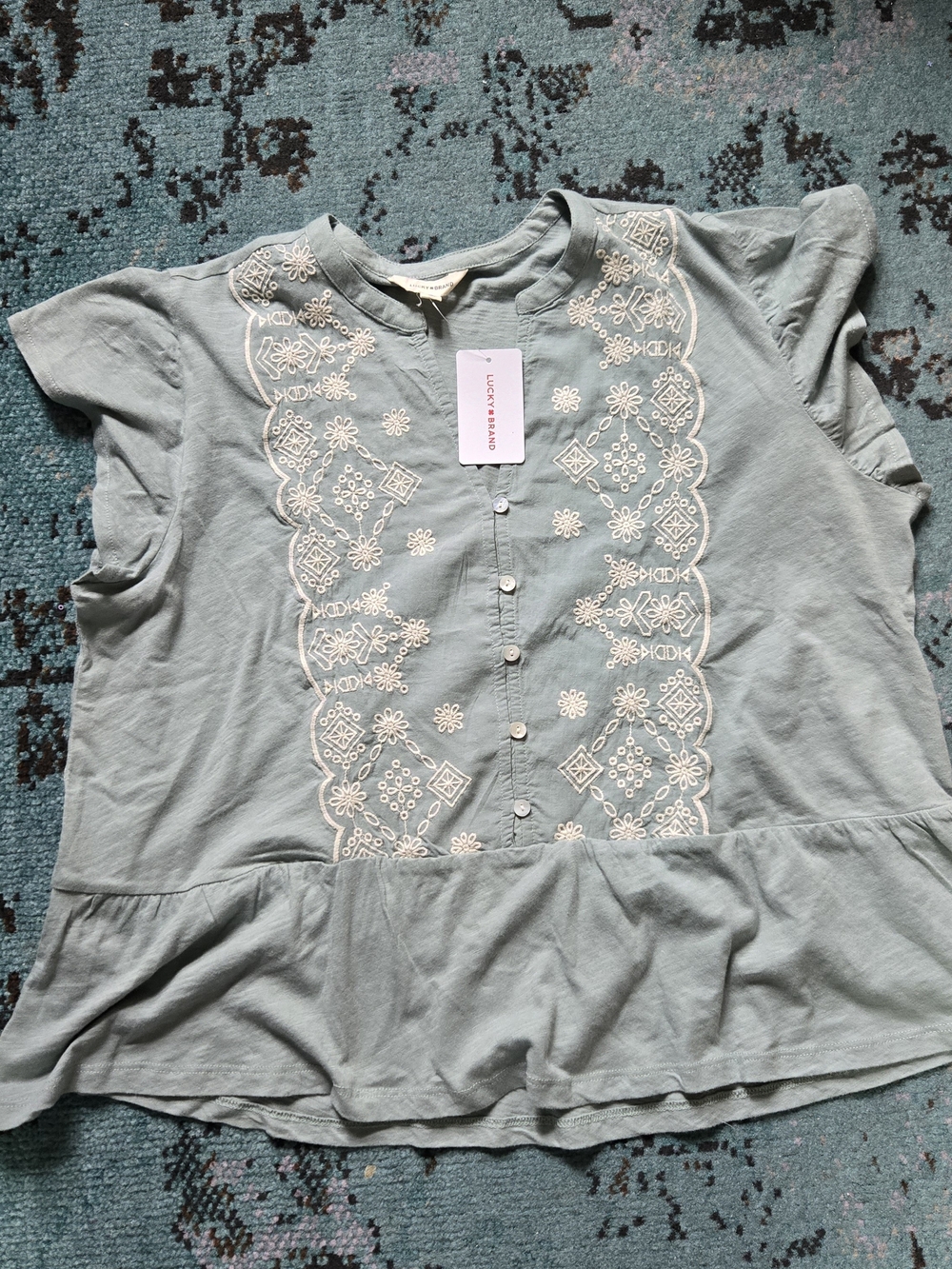 New Lucky Brand, Size L,  Women's Sage Embroidered Button-Front Peplum Top
